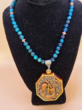 Blue-Green Tiger's Eye and Copper Beaded Necklace with Vintage Wooden Pendant